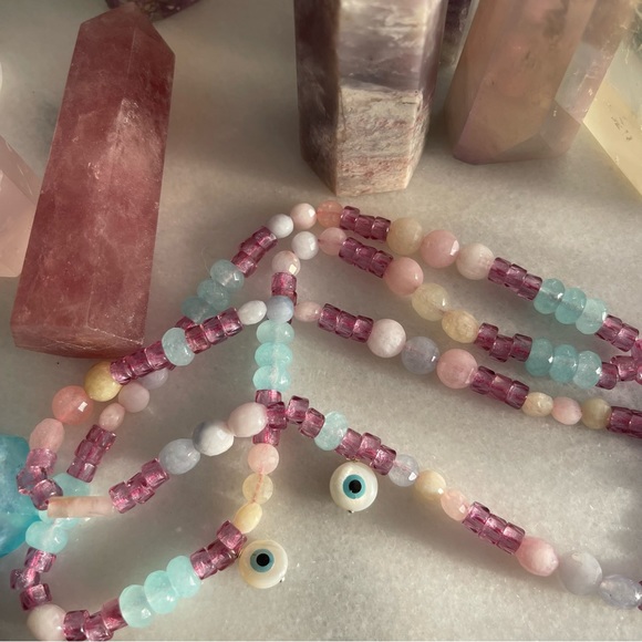 Y2K Cellphone Strap Beaded Evil Eye Pink & Blue Keychain Beaded Phone Charm 1/2 - Picture 3 of 5